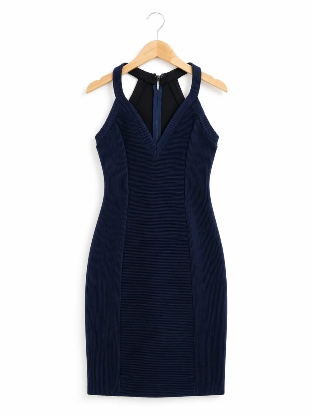 Guess Navy Ribbed V‑Neck Midi Bodycon Dress - Picture 1 of 5